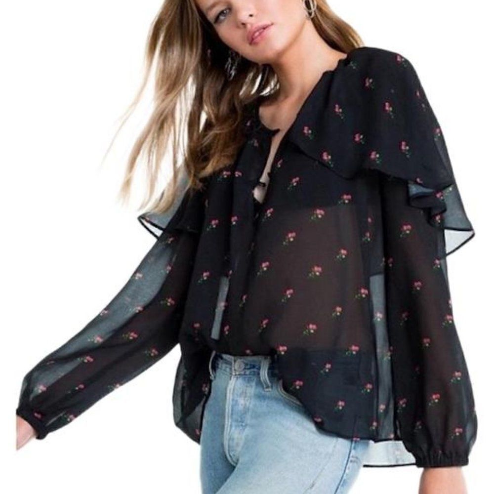 NWT Wildfox Sheer Rose Print Peasant Blouse Top